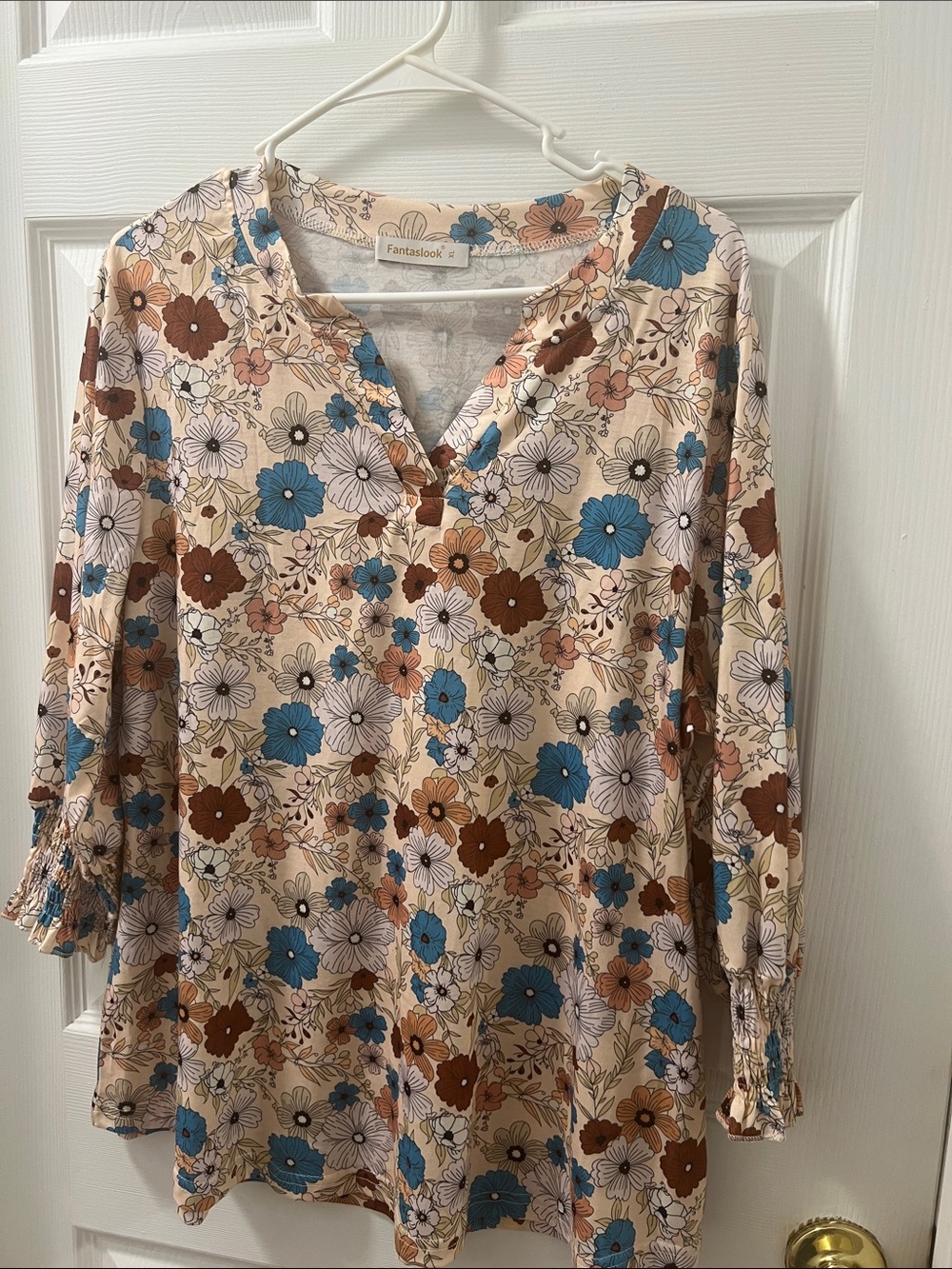 Women’s Floral Split-Neck Blouse in Cream and Blue